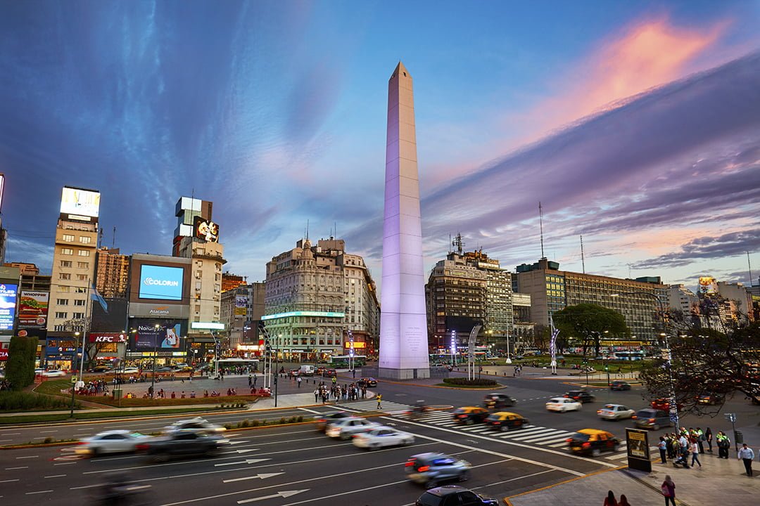 High up view of Obelisk at Avenue of 9 de Julio at sunset